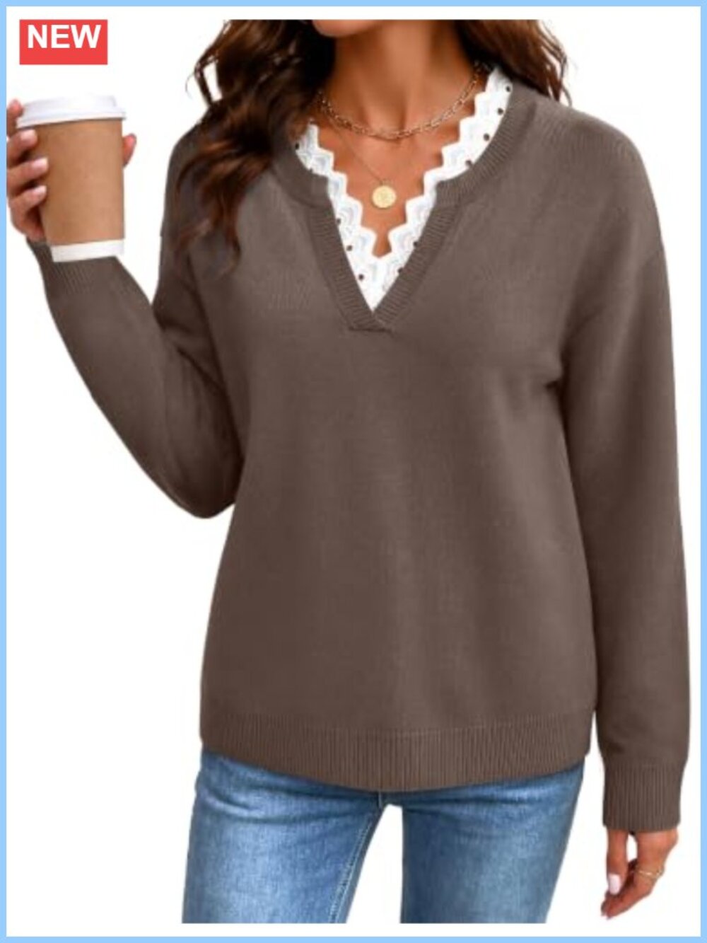 Womens V Neck Lace Trim Pullover Sweater Long Sleeve Business Casual Knit Top